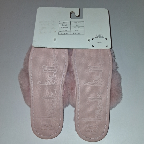 NEW Nicole Miller Fuzzy Light Pink Slide Criscross Faux Fur Slippers Sz Med NWT - Picture 3 of 5
